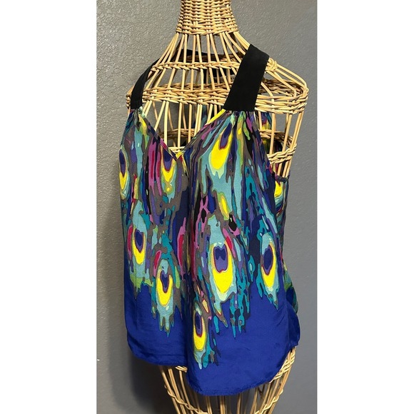 Trina Turk Tops - Trina Turk Silk Halter Top Blue Peacock Print V-Neck Women S Whimsigoth